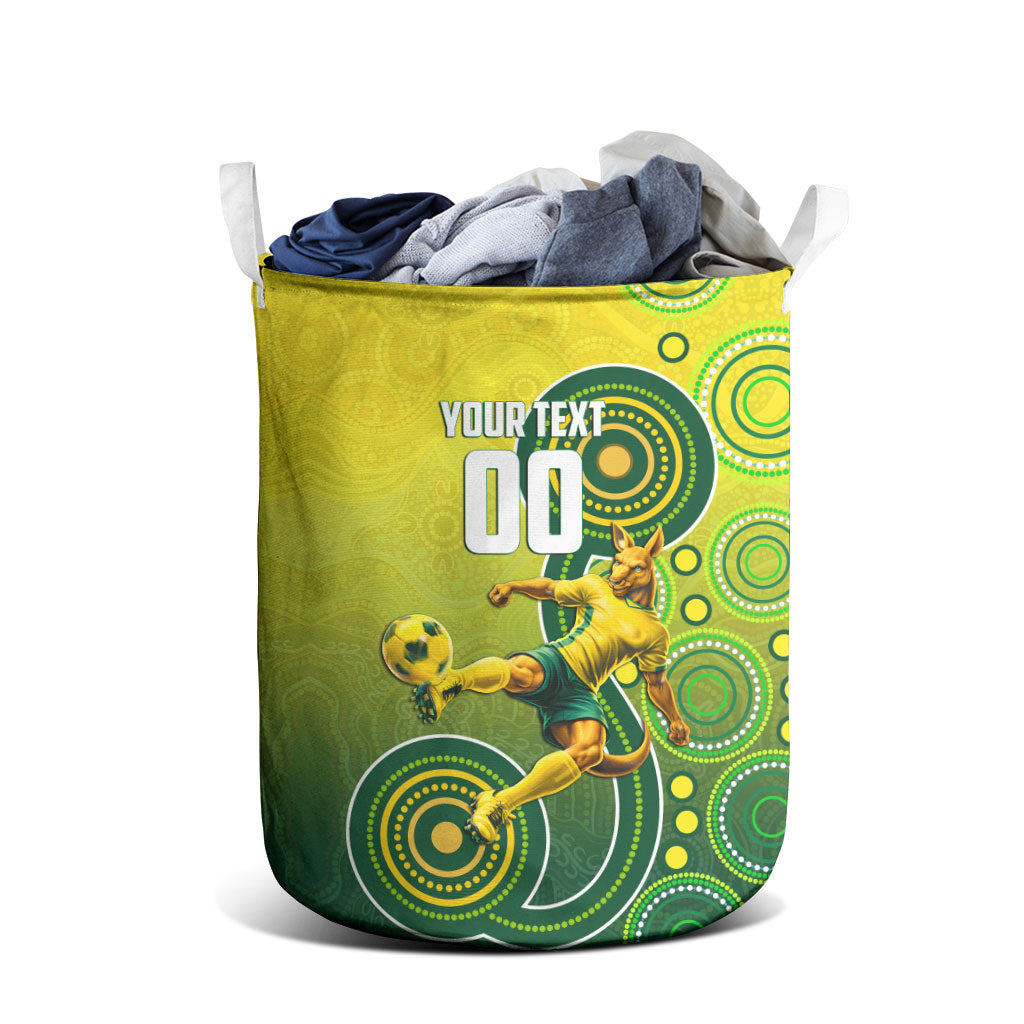 Personalized Australian Soccer Kangaroo Laundry Basket Aboriginal Dot Pattern Green Gold Football Player
