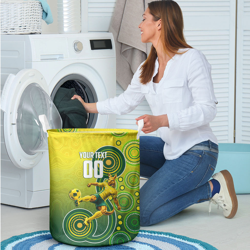 Personalized Australian Soccer Kangaroo Laundry Basket Aboriginal Dot Pattern Green Gold Football Player