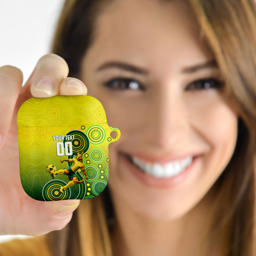 Personalized Australian Soccer Kangaroo AirPods Case Aboriginal Dot Pattern Green Gold Football Player