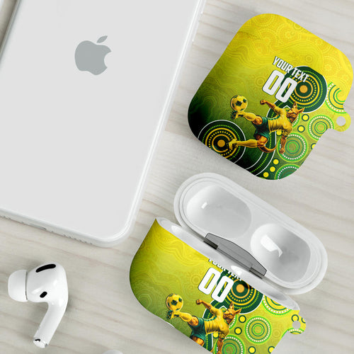 Personalized Australian Soccer Kangaroo AirPods Case Aboriginal Dot Pattern Green Gold Football Player