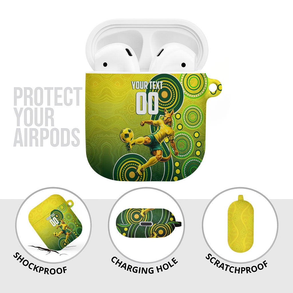 Personalized Australian Soccer Kangaroo AirPods Case Aboriginal Dot Pattern Green Gold Football Player