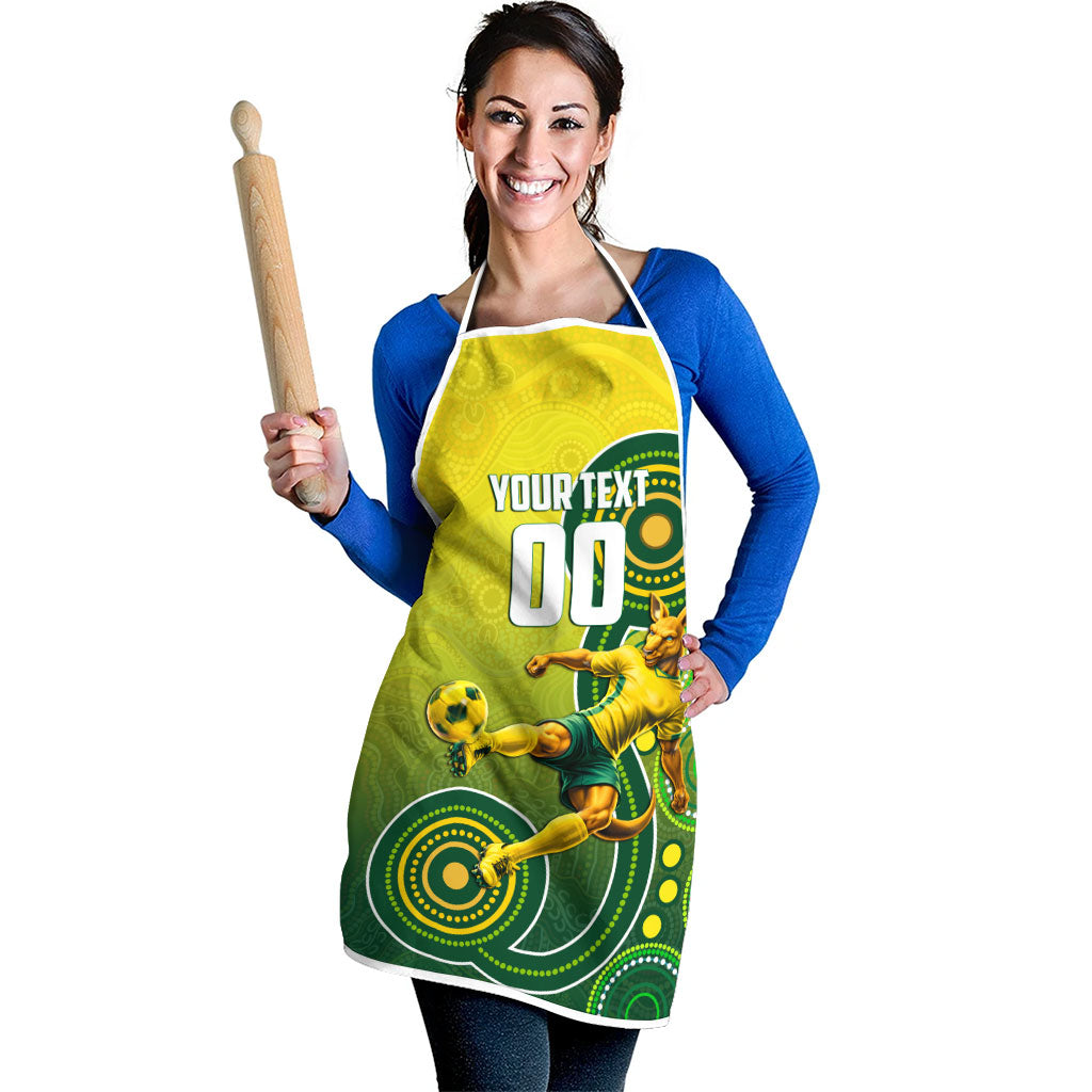 Personalized Australian Soccer Kangaroo Apron Aboriginal Dot Pattern Green Gold Football Player