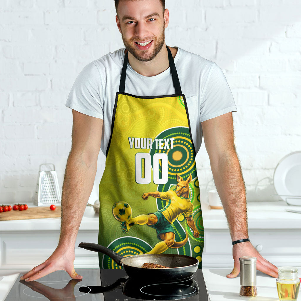 Personalized Australian Soccer Kangaroo Apron Aboriginal Dot Pattern Green Gold Football Player