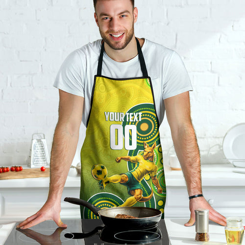 Personalized Australian Soccer Kangaroo Apron Aboriginal Dot Pattern Green Gold Football Player