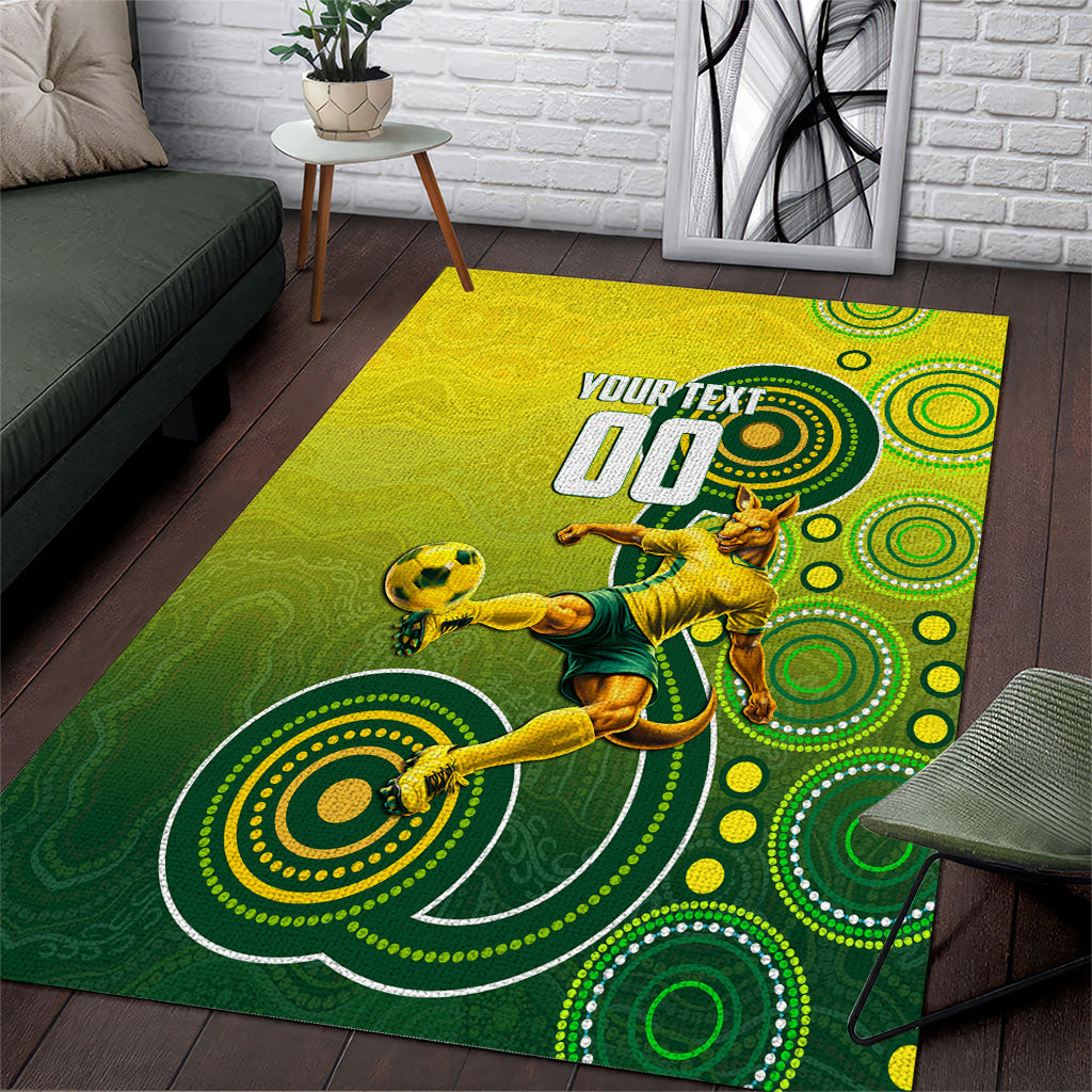 Personalized Australian Soccer Kangaroo Area Rug Aboriginal Dot Pattern Green Gold Football Player