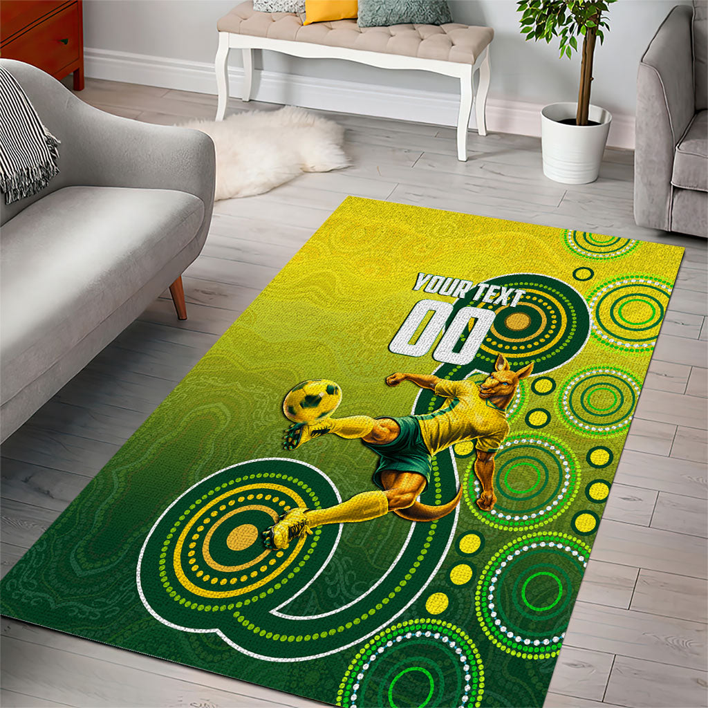 Personalized Australian Soccer Kangaroo Area Rug Aboriginal Dot Pattern Green Gold Football Player