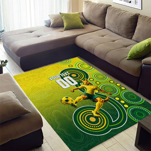 Personalized Australian Soccer Kangaroo Area Rug Aboriginal Dot Pattern Green Gold Football Player