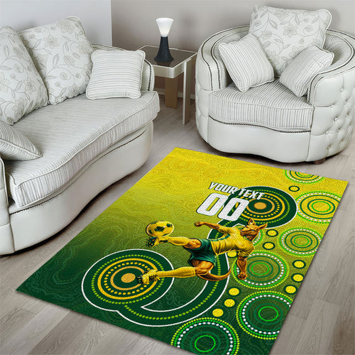 Personalized Australian Soccer Kangaroo Area Rug Aboriginal Dot Pattern Green Gold Football Player