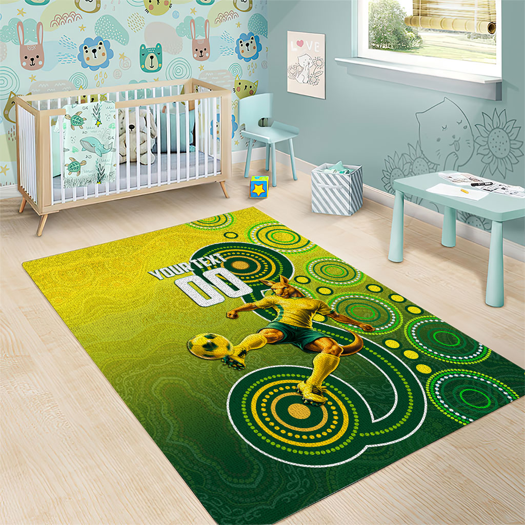 Personalized Australian Soccer Kangaroo Area Rug Aboriginal Dot Pattern Green Gold Football Player