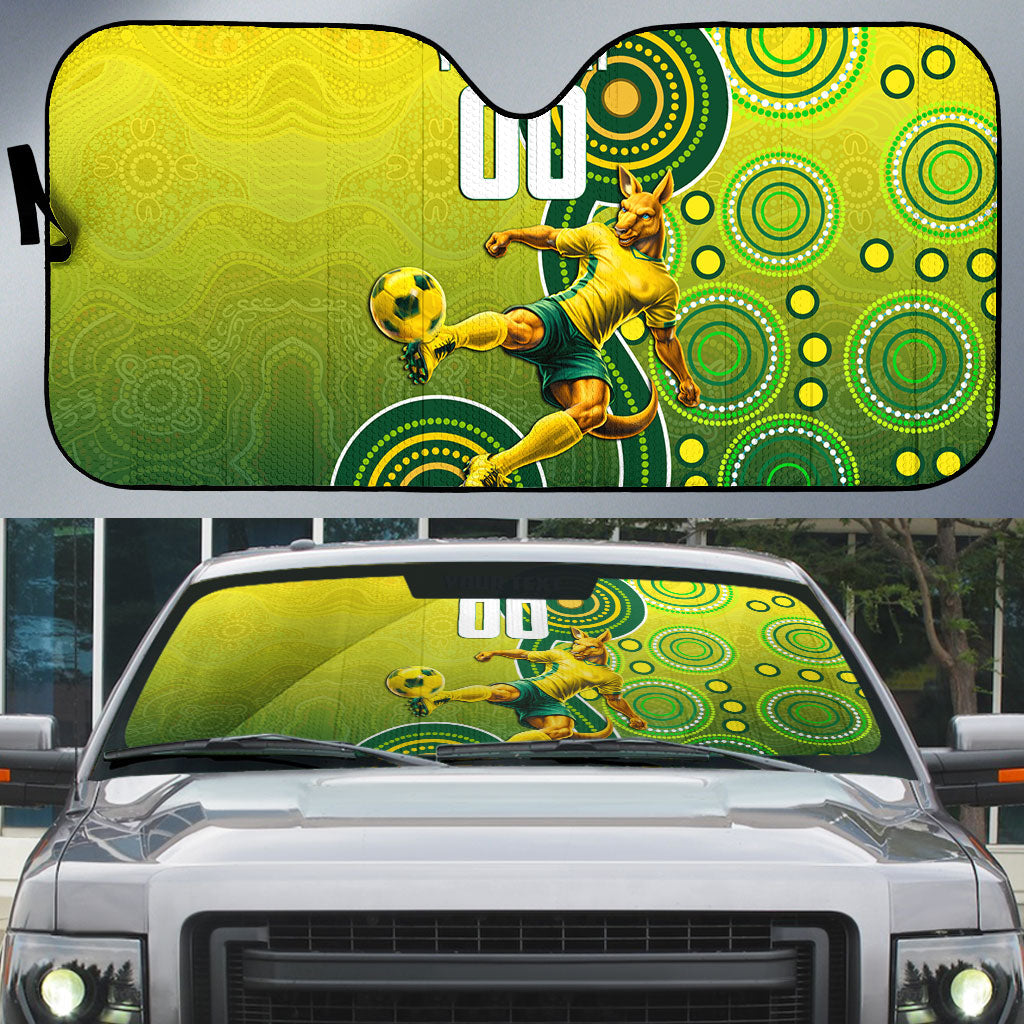 Personalized Australian Soccer Kangaroo Auto Sun Shade Aboriginal Dot Pattern Green Gold Football Player