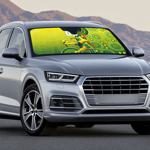 Personalized Australian Soccer Kangaroo Auto Sun Shade Aboriginal Dot Pattern Green Gold Football Player