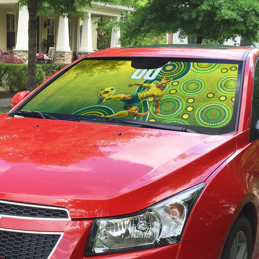 Personalized Australian Soccer Kangaroo Auto Sun Shade Aboriginal Dot Pattern Green Gold Football Player