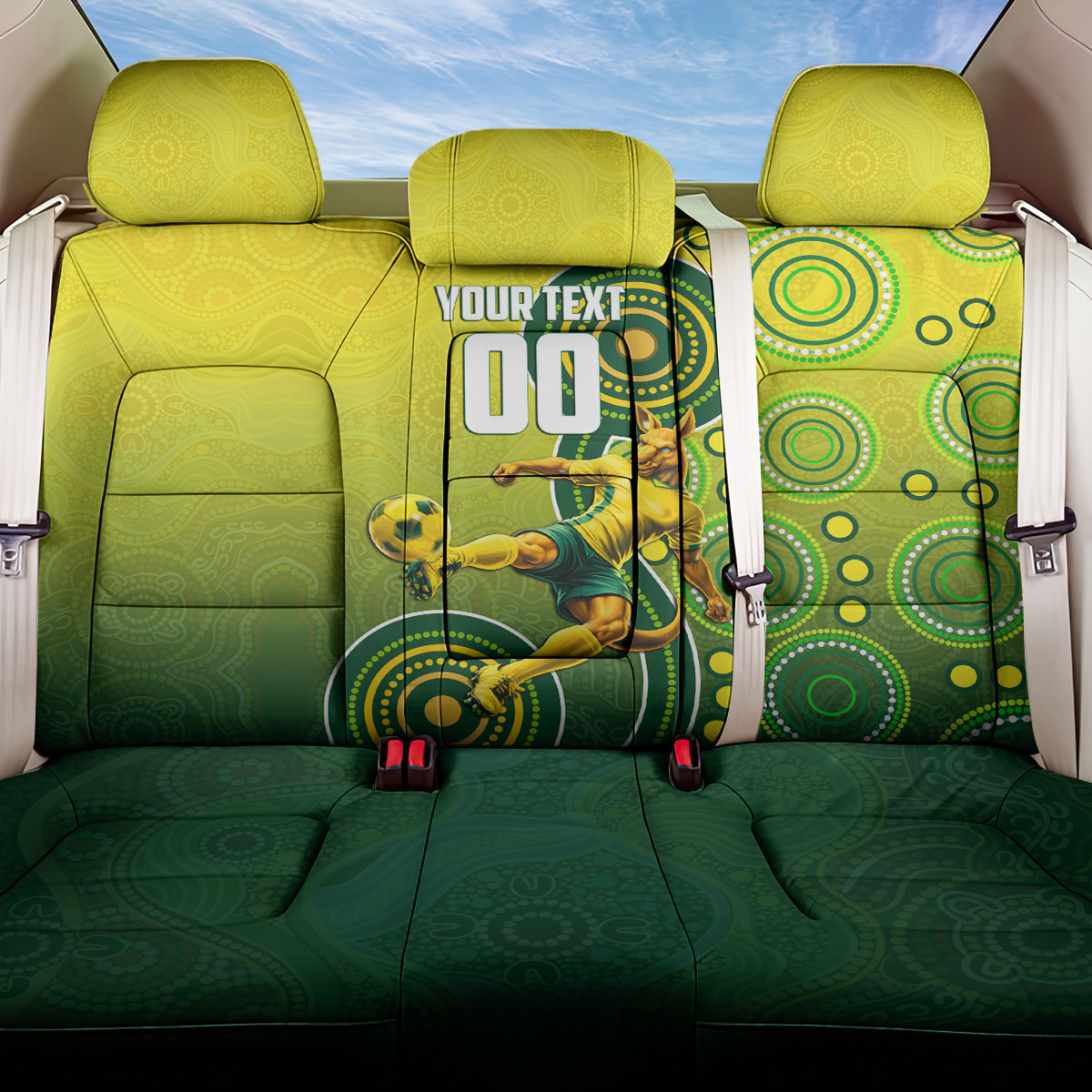 Personalized Australian Soccer Kangaroo Back Car Seat Cover Aboriginal Dot Pattern Green Gold Football Player