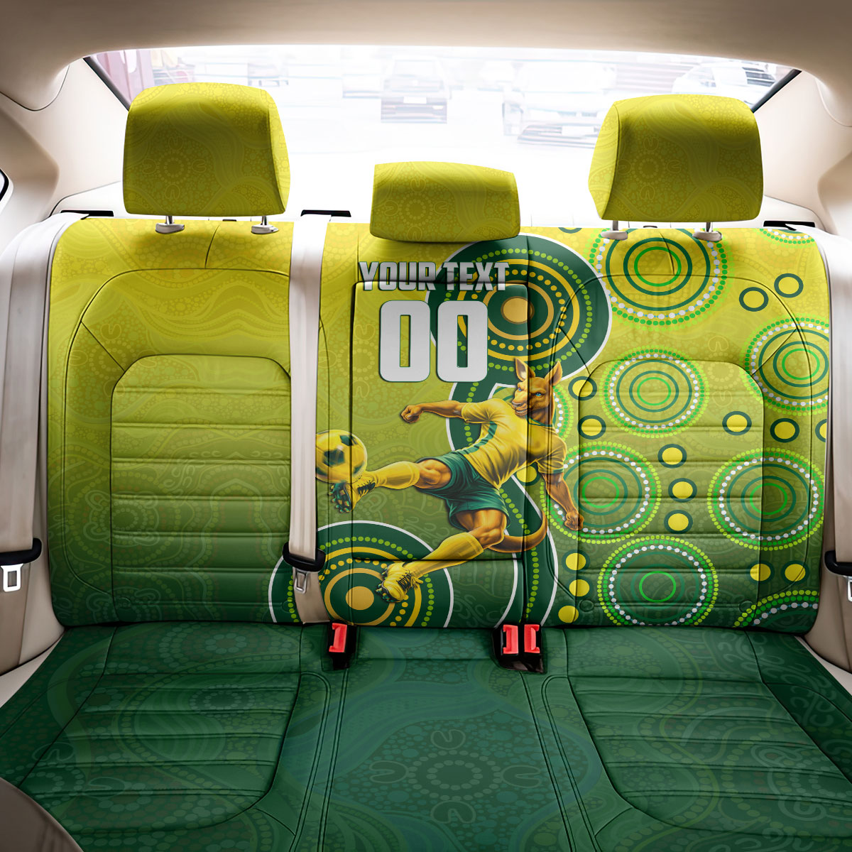 Personalized Australian Soccer Kangaroo Back Car Seat Cover Aboriginal Dot Pattern Green Gold Football Player