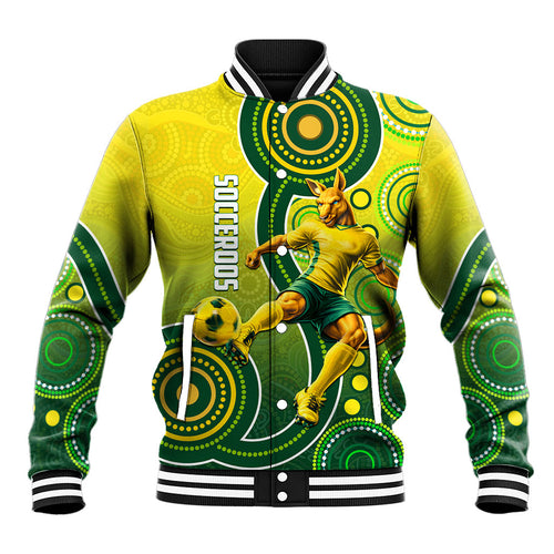 Personalized Australian Soccer Kangaroo Baseball Jacket Aboriginal Dot Pattern Green Gold Football Player
