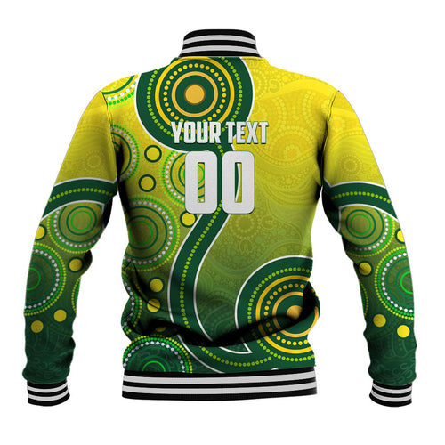 Personalized Australian Soccer Kangaroo Baseball Jacket Aboriginal Dot Pattern Green Gold Football Player