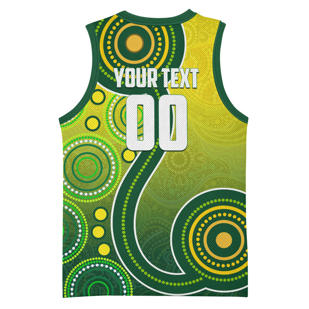 Personalized Australian Soccer Kangaroo Basketball Jersey Aboriginal Dot Pattern Green Gold Football Player