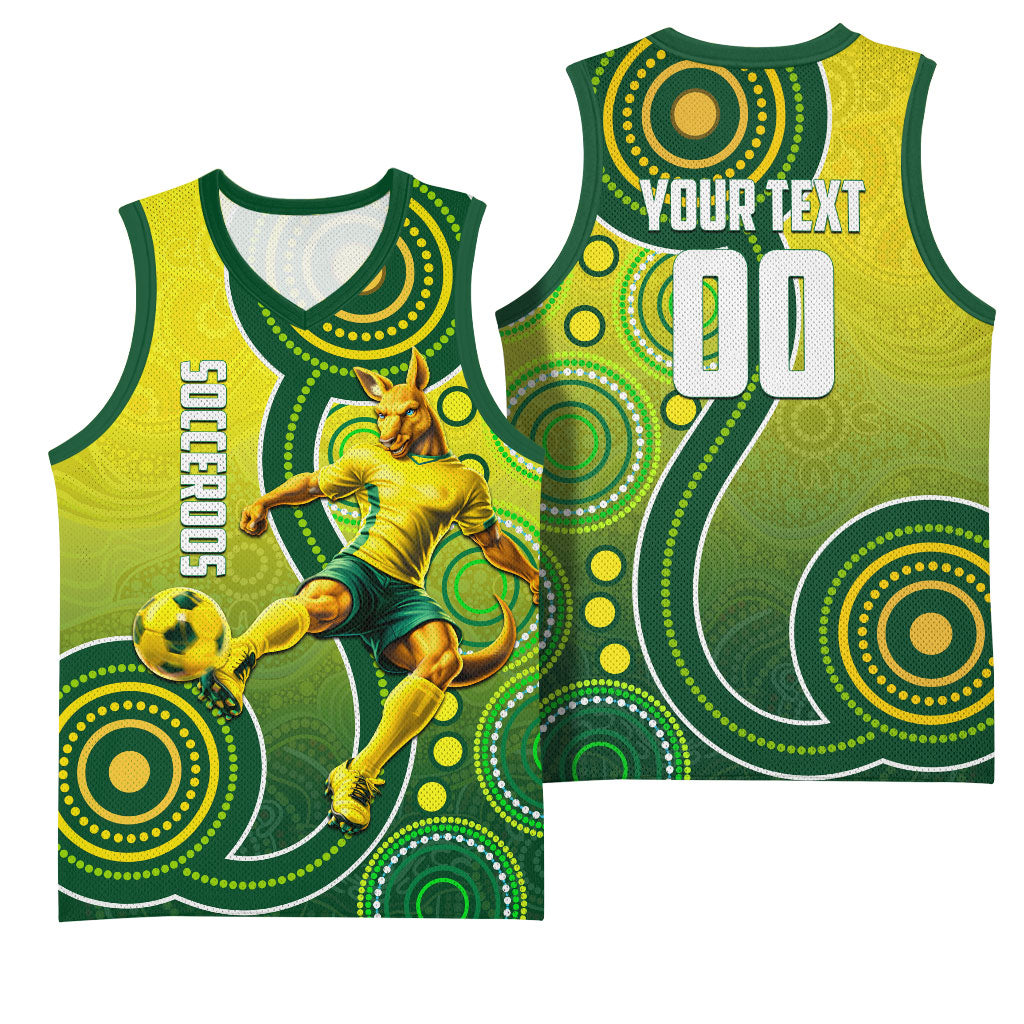 Personalized Australian Soccer Kangaroo Basketball Jersey Aboriginal Dot Pattern Green Gold Football Player