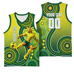 Personalized Australian Soccer Kangaroo Basketball Jersey Aboriginal Dot Pattern Green Gold Football Player