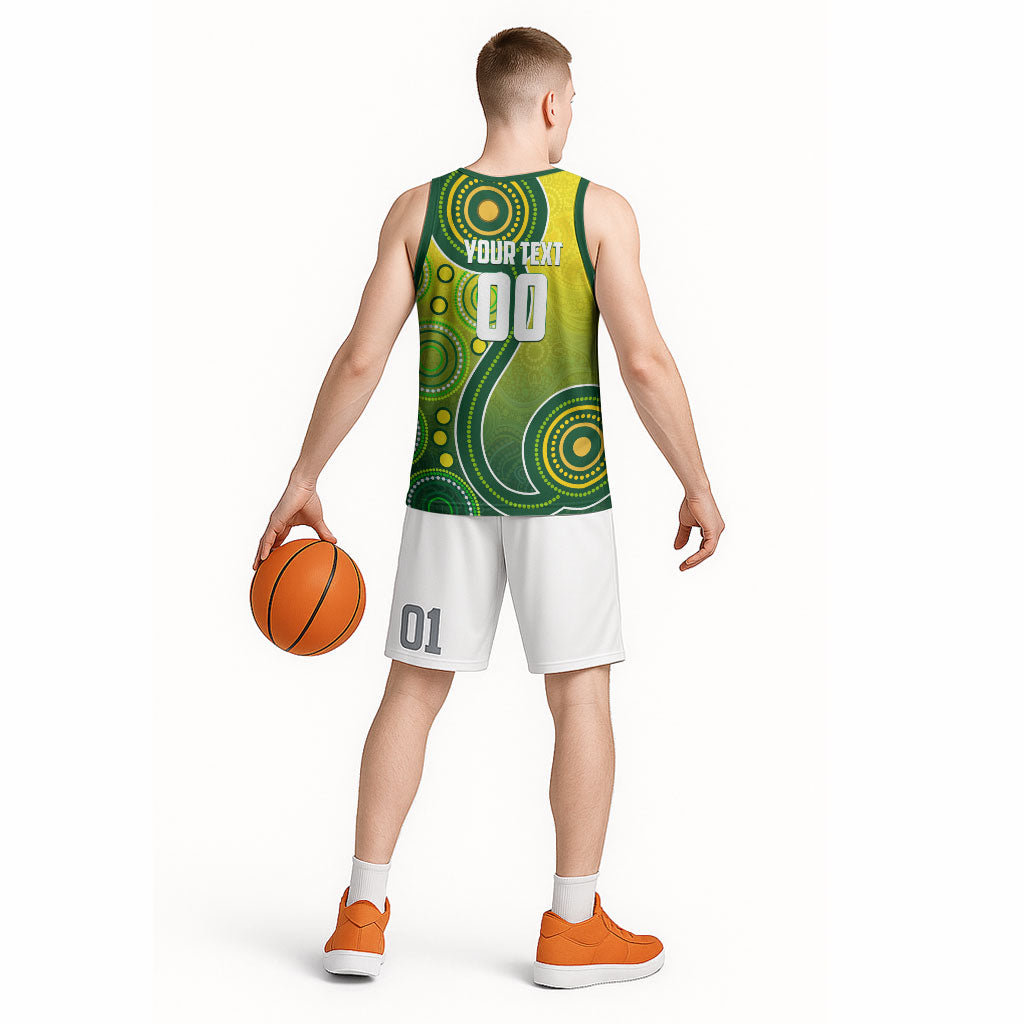 Personalized Australian Soccer Kangaroo Basketball Jersey Aboriginal Dot Pattern Green Gold Football Player