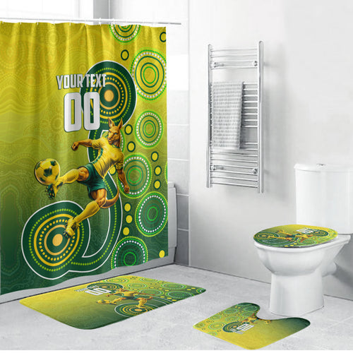 Personalized Australian Soccer Kangaroo Bathroom Set Aboriginal Dot Pattern Green Gold Football Player