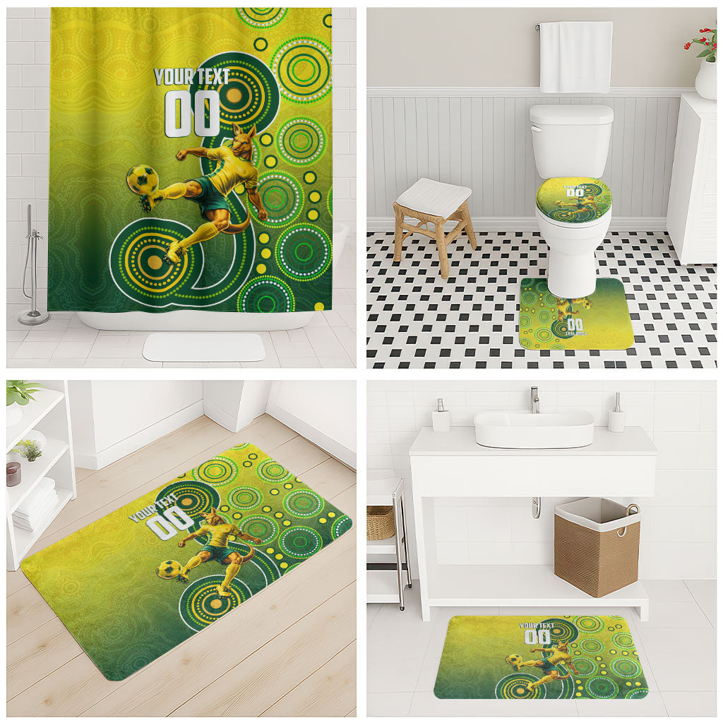 Personalized Australian Soccer Kangaroo Bathroom Set Aboriginal Dot Pattern Green Gold Football Player