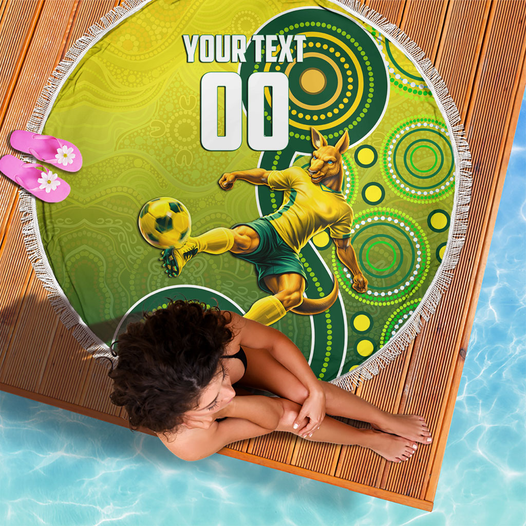 Personalized Australian Soccer Kangaroo Beach Blanket Aboriginal Dot Pattern Green Gold Football Player