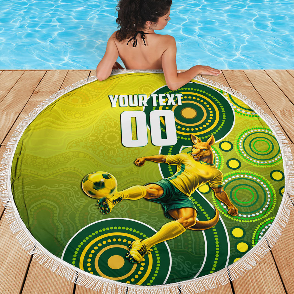 Personalized Australian Soccer Kangaroo Beach Blanket Aboriginal Dot Pattern Green Gold Football Player
