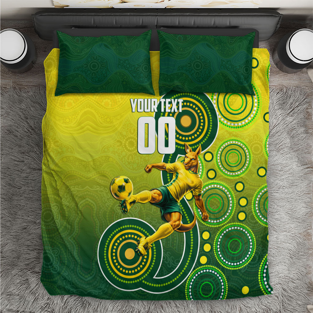 Personalized Australian Soccer Kangaroo Bedding Set Aboriginal Dot Pattern Green Gold Football Player