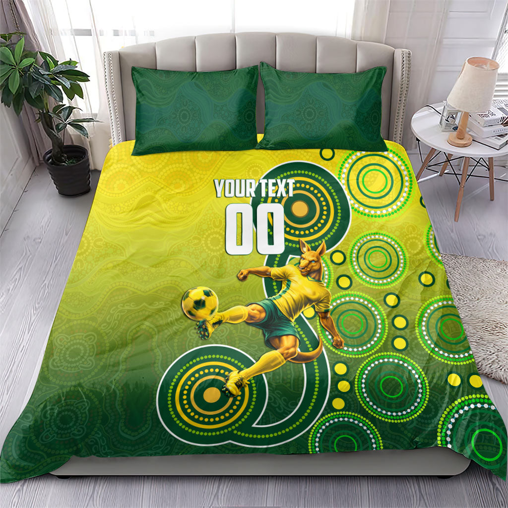 Personalized Australian Soccer Kangaroo Bedding Set Aboriginal Dot Pattern Green Gold Football Player