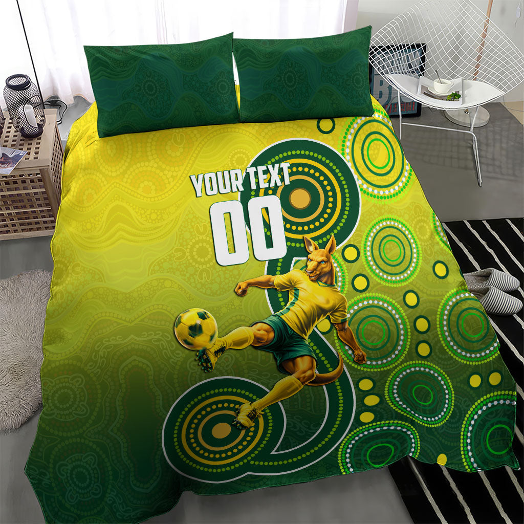 Personalized Australian Soccer Kangaroo Bedding Set Aboriginal Dot Pattern Green Gold Football Player
