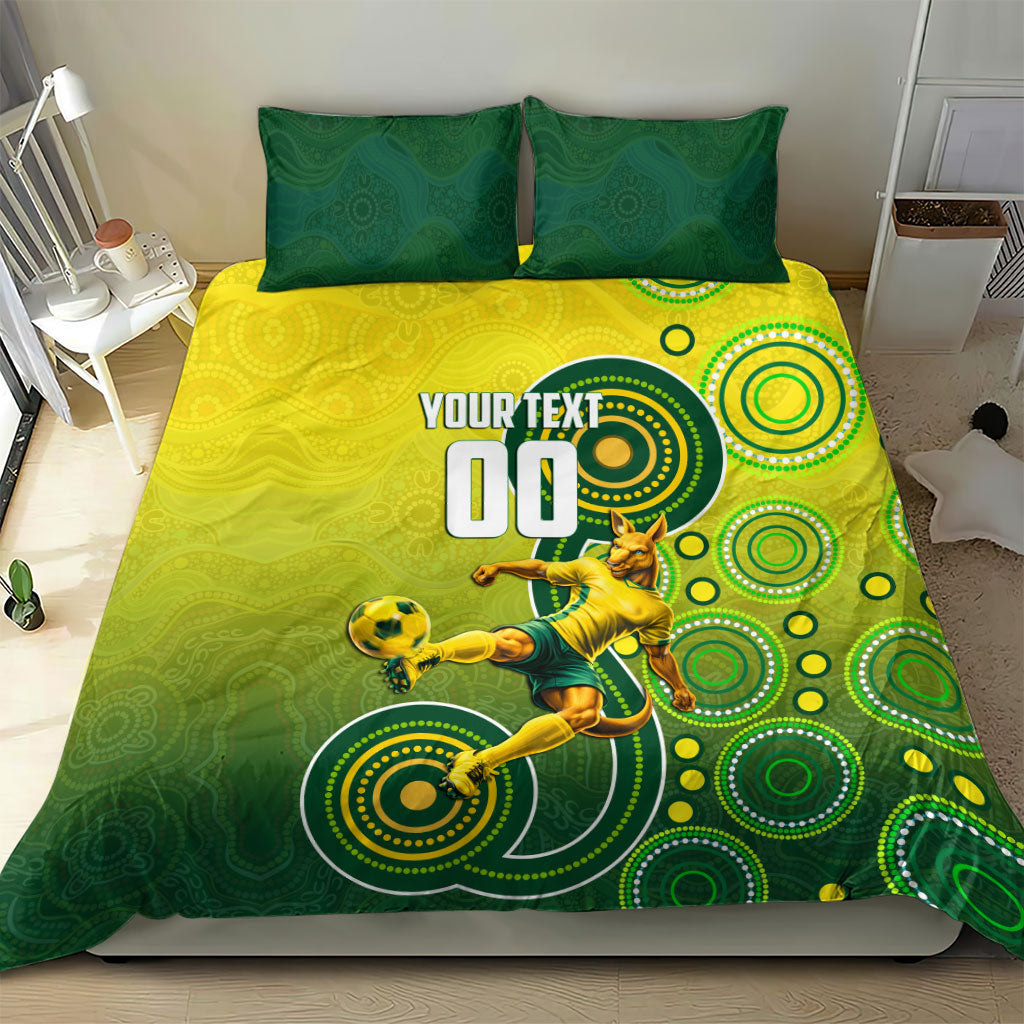 Personalized Australian Soccer Kangaroo Bedding Set Aboriginal Dot Pattern Green Gold Football Player
