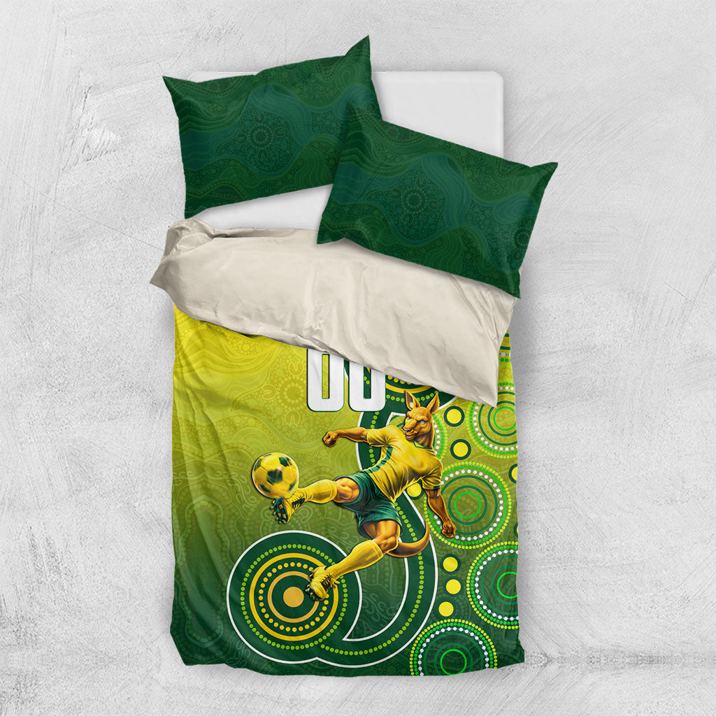 Personalized Australian Soccer Kangaroo Bedding Set Aboriginal Dot Pattern Green Gold Football Player