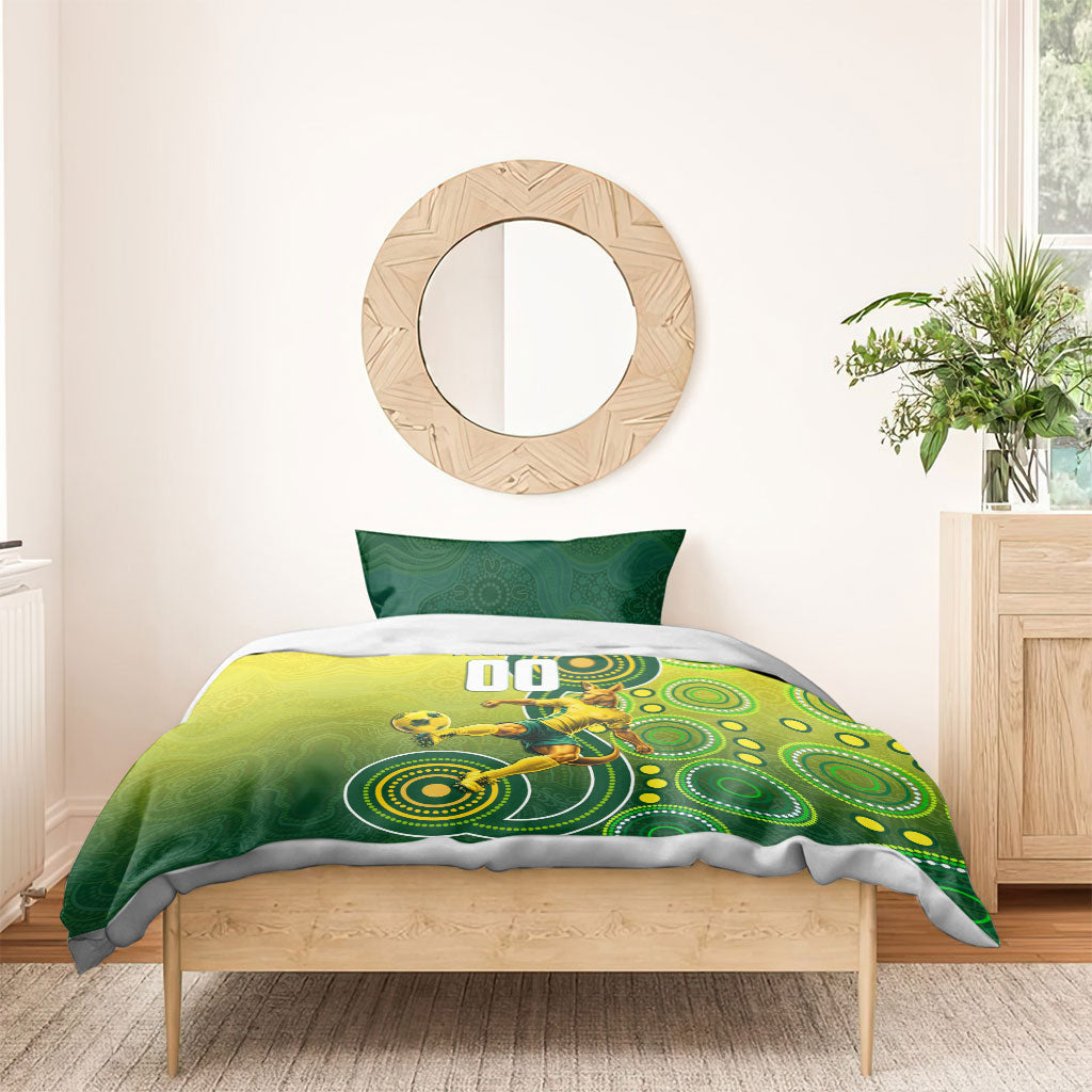 Personalized Australian Soccer Kangaroo Bedding Set Aboriginal Dot Pattern Green Gold Football Player
