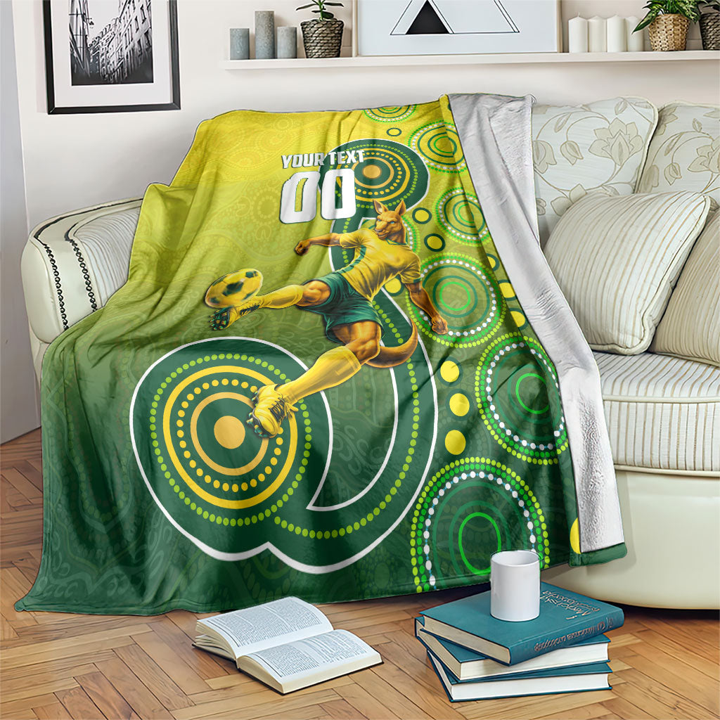 Personalized Australian Soccer Kangaroo Blanket Aboriginal Dot Pattern Green Gold Football Player