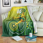 Personalized Australian Soccer Kangaroo Blanket Aboriginal Dot Pattern Green Gold Football Player