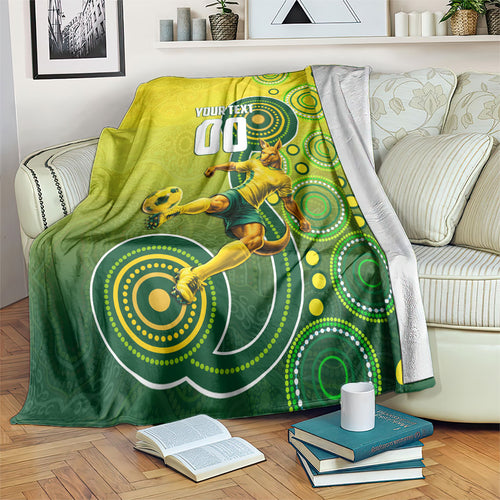Personalized Australian Soccer Kangaroo Blanket Aboriginal Dot Pattern Green Gold Football Player