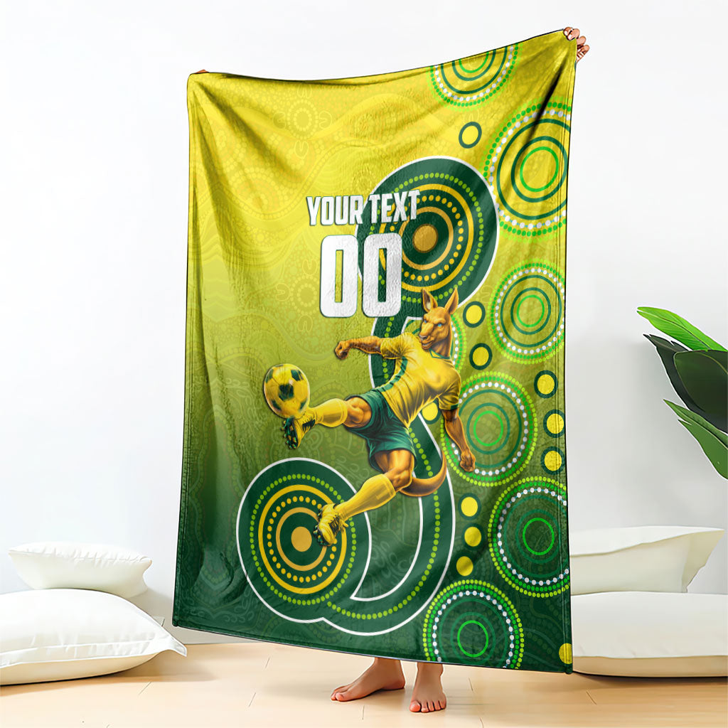 Personalized Australian Soccer Kangaroo Blanket Aboriginal Dot Pattern Green Gold Football Player