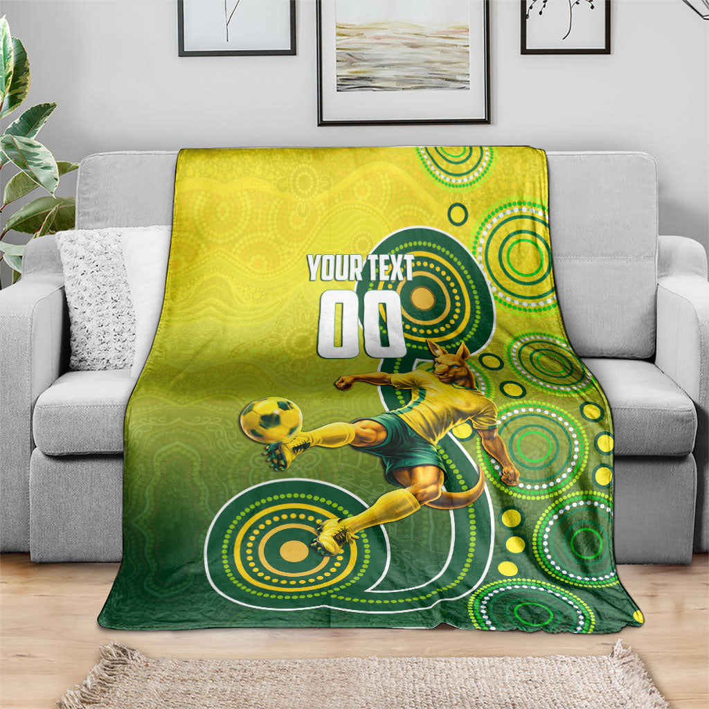 Personalized Australian Soccer Kangaroo Blanket Aboriginal Dot Pattern Green Gold Football Player