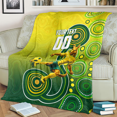 Personalized Australian Soccer Kangaroo Blanket Aboriginal Dot Pattern Green Gold Football Player