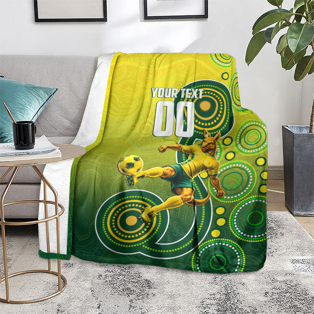 Personalized Australian Soccer Kangaroo Blanket Aboriginal Dot Pattern Green Gold Football Player