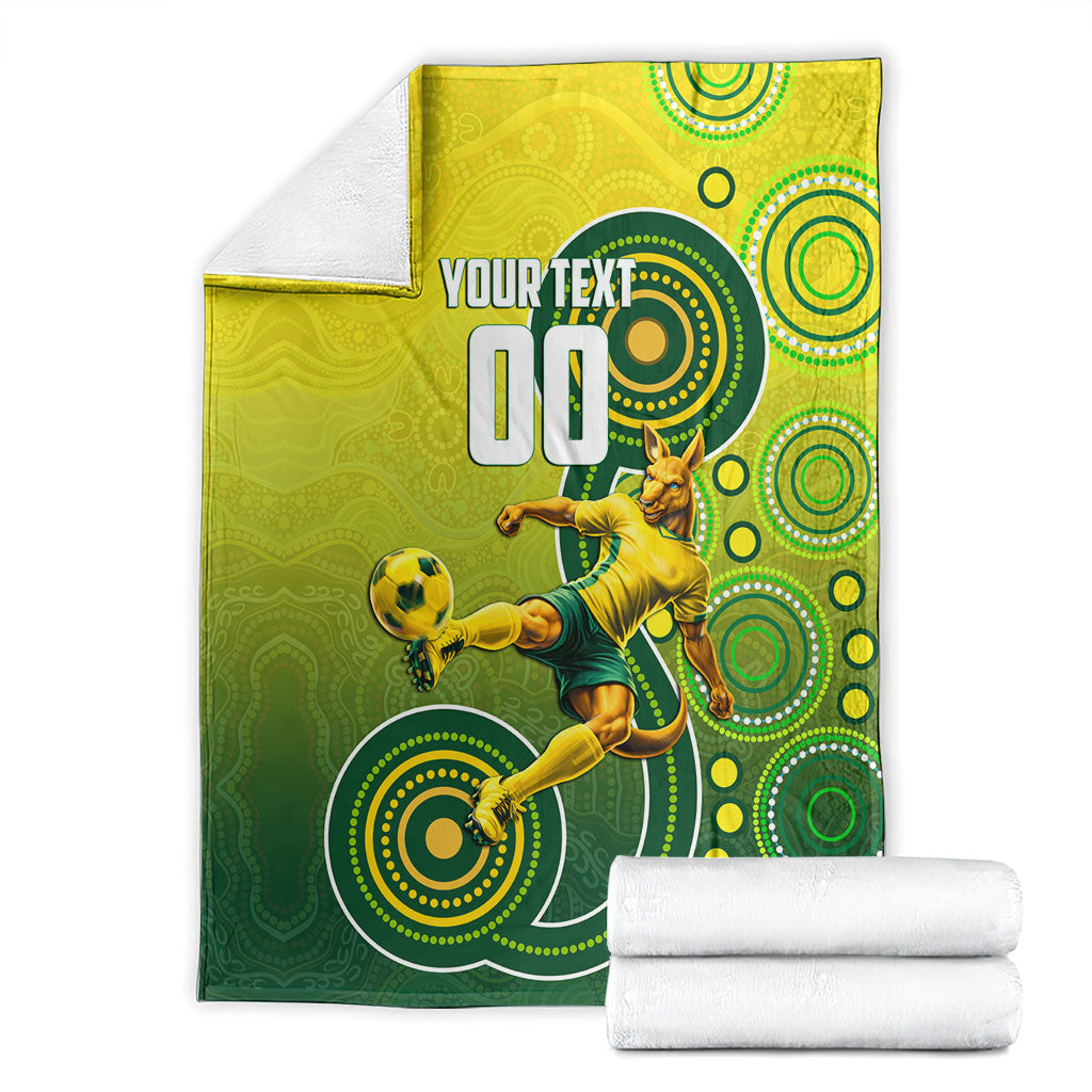 Personalized Australian Soccer Kangaroo Blanket Aboriginal Dot Pattern Green Gold Football Player