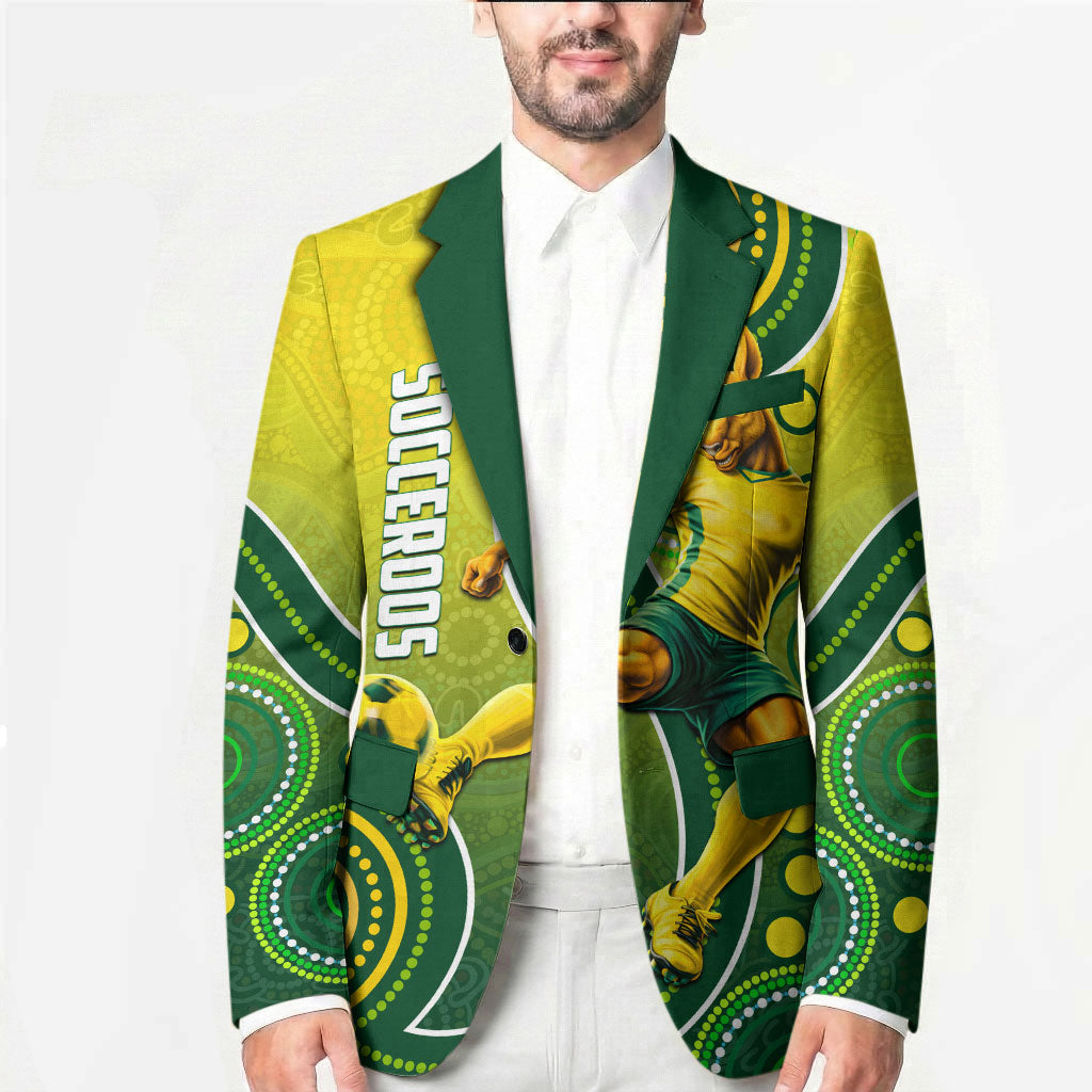 Personalized Australian Soccer Kangaroo Blazer Aboriginal Dot Pattern Green Gold Football Player