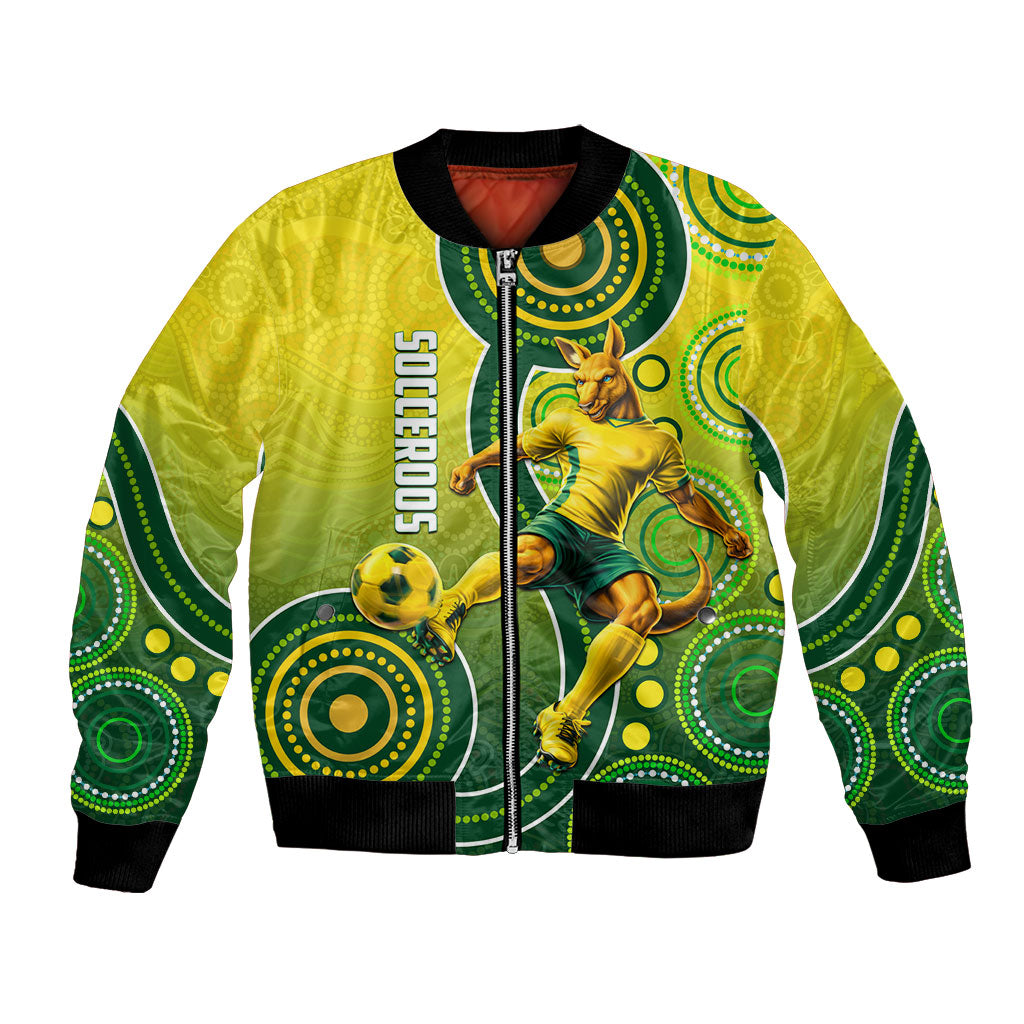 Personalized Australian Soccer Kangaroo Bomber Jacket Aboriginal Dot Pattern Green Gold Football Player
