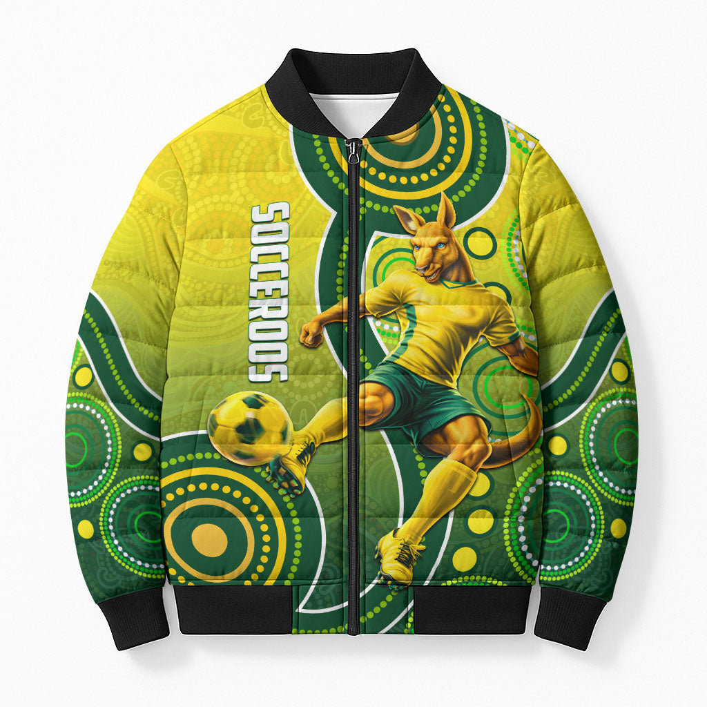 Personalized Australian Soccer Kangaroo Bomber Puffer Jacket Aboriginal Dot Pattern Green Gold Football Player