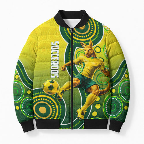 Personalized Australian Soccer Kangaroo Bomber Puffer Jacket Aboriginal Dot Pattern Green Gold Football Player
