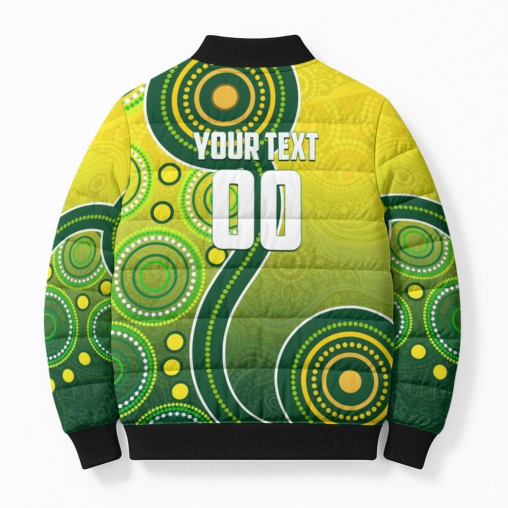 Personalized Australian Soccer Kangaroo Bomber Puffer Jacket Aboriginal Dot Pattern Green Gold Football Player