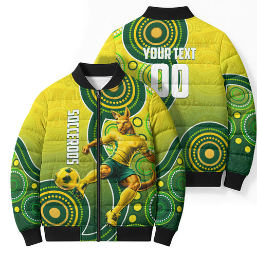 Personalized Australian Soccer Kangaroo Bomber Puffer Jacket Aboriginal Dot Pattern Green Gold Football Player