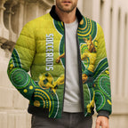 Personalized Australian Soccer Kangaroo Bomber Puffer Jacket Aboriginal Dot Pattern Green Gold Football Player