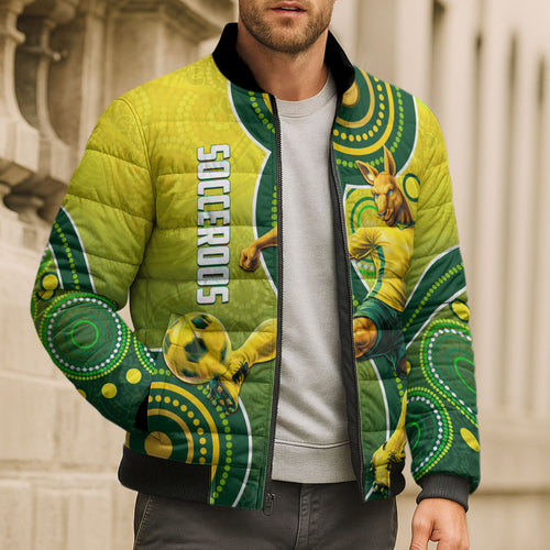 Personalized Australian Soccer Kangaroo Bomber Puffer Jacket Aboriginal Dot Pattern Green Gold Football Player